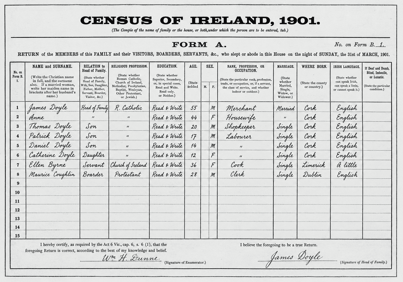 A completed 1901 Census of Ireland Form A household return