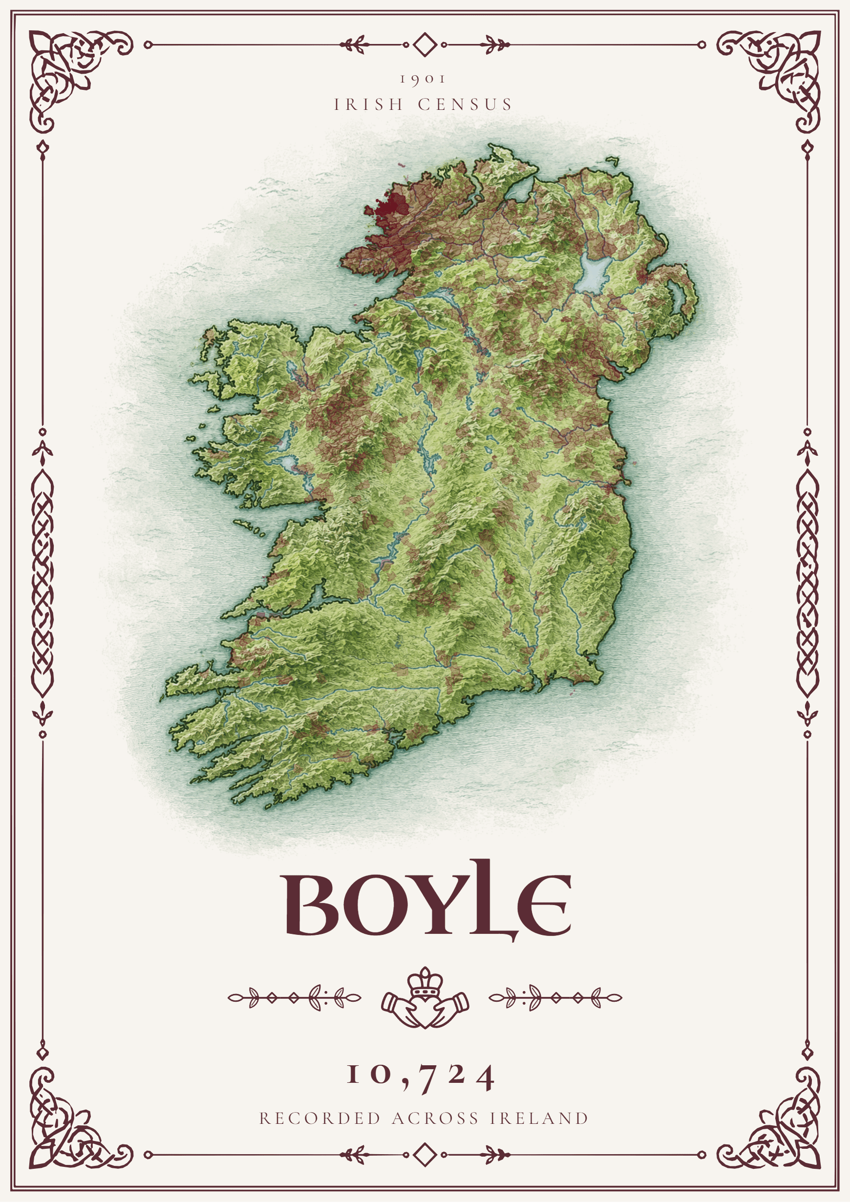 A finished sample print: an ornate, hand-illustrated map of Ireland